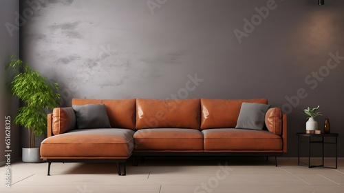 Grey leather corner sofa against terra cotta stucco wall with copy space. Industrial style home interior design of modern living room. Generate AI 