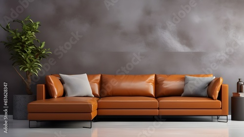 Grey leather corner sofa against terra cotta stucco wall with copy space. Industrial style home interior design of modern living room. Generate AI 