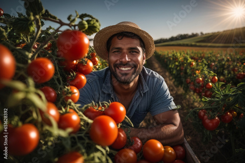 young man latin farmer smiling and working in an agricultural field portrait, harvesting tomatoes