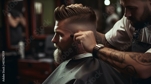 A man in a barber shop gets a haircut, hairstyle, hair styling.