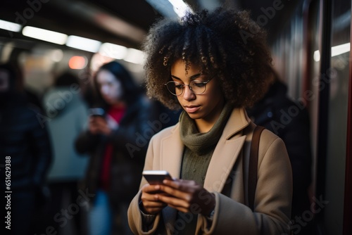 Morning shot of african american woman using her smartphone during her subway commute