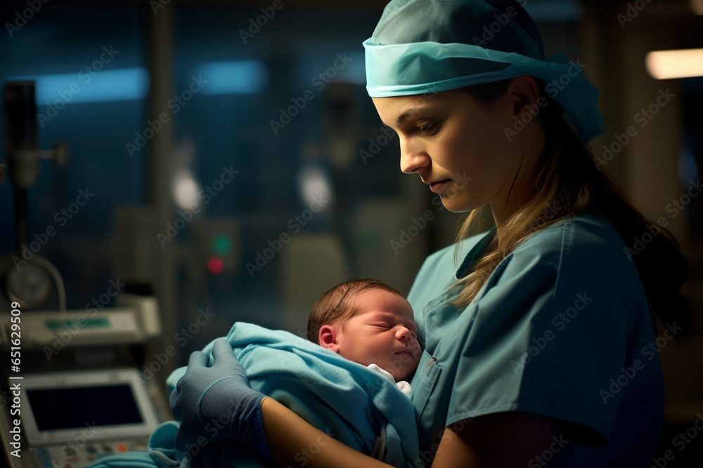Nurse cradling a day-old infant, newborn baby, displaying genuine emotions of nurture and care