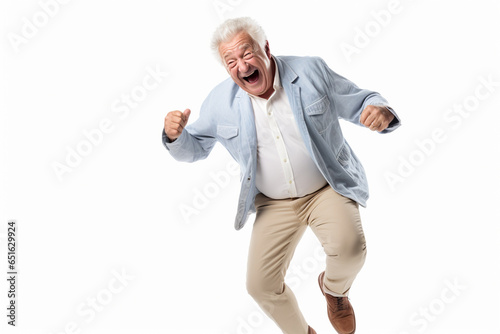 elderly man happy dance on bokeh style background