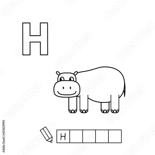 Cartoon hippo coloring pages. Learning game for small children - write a word in English language. Vector alphabet for kids