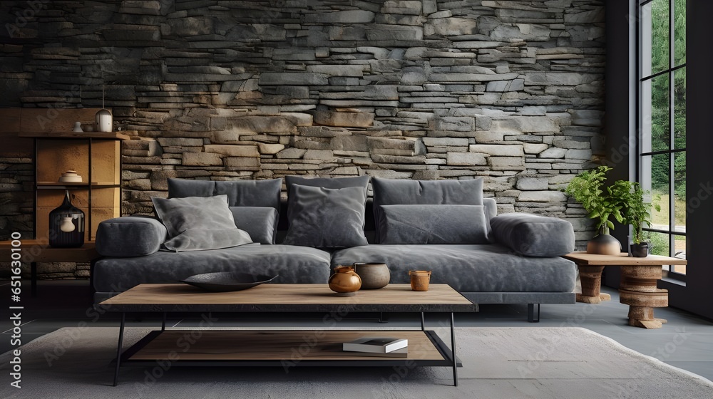 Grey sofa and hand crafted coffee table against stone cladding wall. Industrial home interior design of modern living room in country house.Generate AI Grey sofa and hand crafted coffee table against stone cladding wall. Industrial home interior design of modern living room in country house.Generate AI
