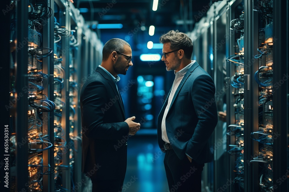 Fototapeta premium Two businessmen having a discussion in a modern data center
