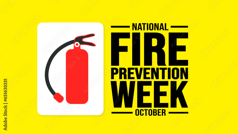 October is National Fire Prevention Week background template. Holiday concept. background, banner, placard, card, and poster design template with text inscription and standard color. - obrazy, fototapety, plakaty 