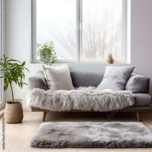 Grey sofa with wool blanket and fur pillow on rug against of grid window. Houseplants on wooden floor. Minimalist style interior design of modern living room. Generate AI © Muzikitooo