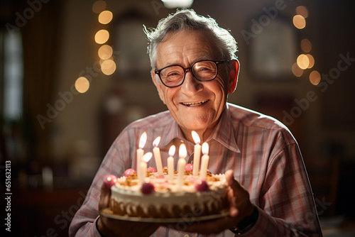 an elderly man holding a birthday cake with several candles on bokeh style background