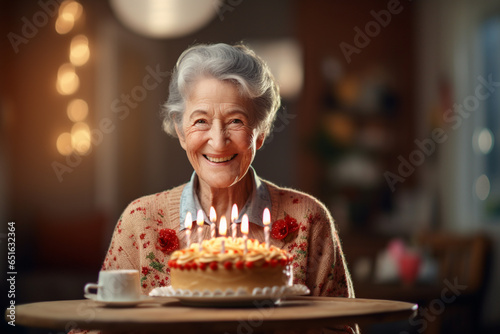 an elderly woman holding a birthday cake with several candles on bokeh style background