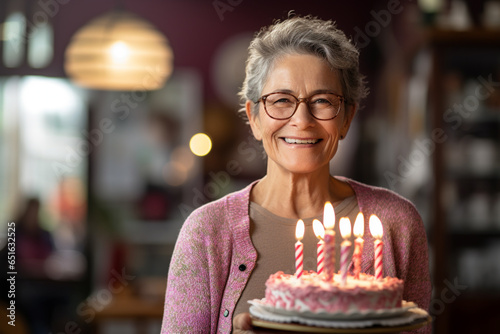a woman holding a birthday cake with several candles on bokeh style background
