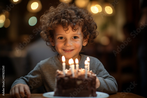 a boy holding a birthday cake with several candles on bokeh style background