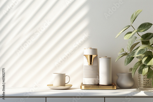 an elegant interior of a kitchen counter and coffee maker with utensil