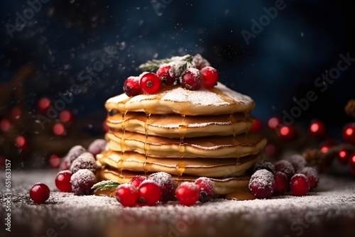 Pancakes with berries food photography, product shoot for cook book, Christmas themed decorations, High resolution