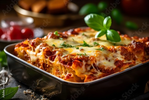 Freshly baked Lasagne food photography, product shoot for cookbook, Christmas themed decorations, High resolution