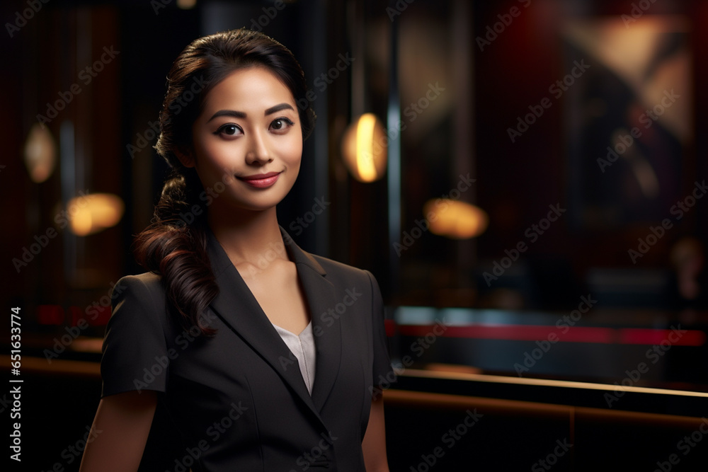 beautiful asian female hotel receptionist standing in front of the hotel reception counter