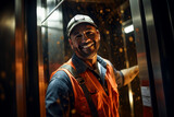 a smiling Elevator repairman in a high rise elevator