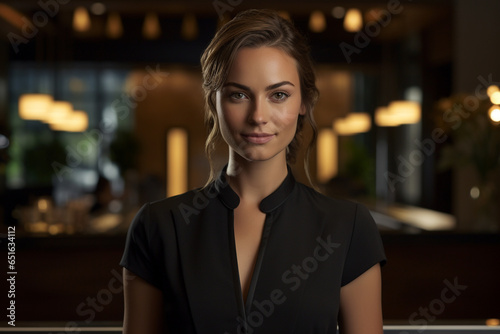 female hotel receptionist standing in front of the hotel reception counter