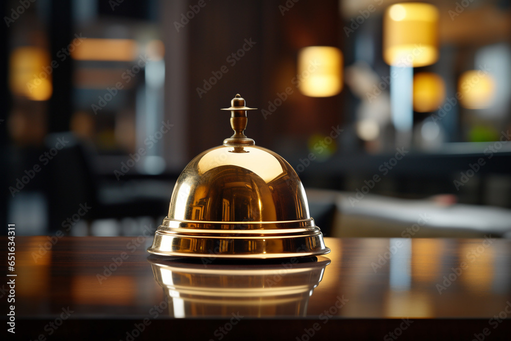 The bell placed on the hotel reception counter - obrazy, fototapety, plakaty 