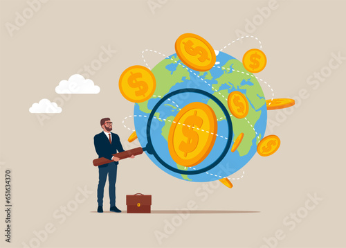 Businessman holds a magnifying glass for global money exchang. Business deal. Flat vector illustration.