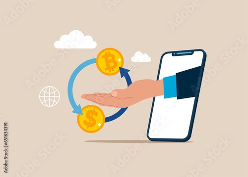 Bitcoin to dollar icon concept. Money conversion. Vector illustrations.