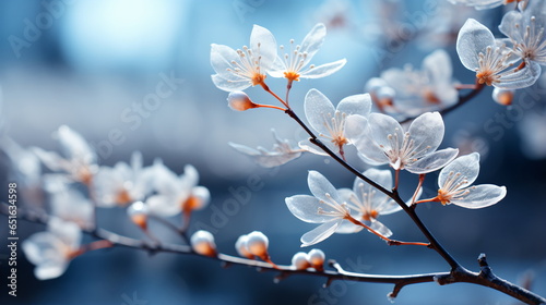 Close-up of snowflakes falling on cherry tree blossoms during the spring season