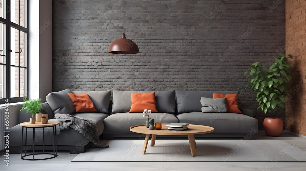 Industrial home interior design of modern living room. Grey corner sofa ...
