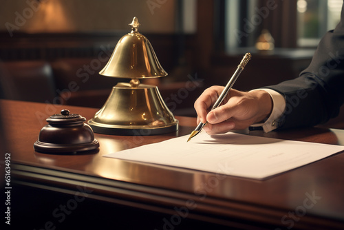 Hands of a businessman writing a book on the desk