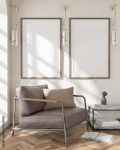 Mockup a poster picture frame in Interior living room, sofa, pillows, rug, lamp, cabinet, window, and natural light is perfect for any living room design. Scandinavian style. 3D render