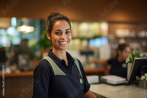 Female cashier smiling at the supermarket
