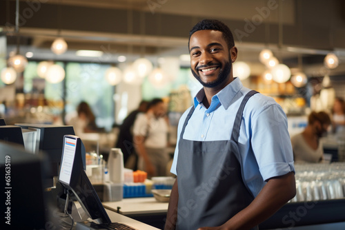 male cashier smiling at the supermarket
