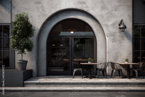 a dark black restaurant with a circular arched entrance