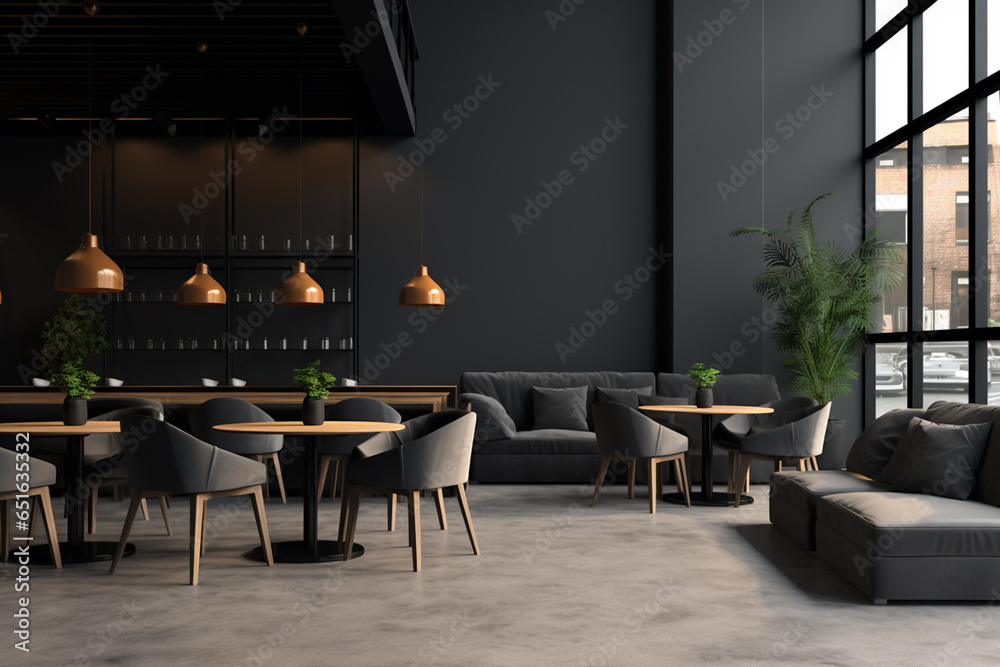 an modern interior restaurant full of grey furniture and black tables