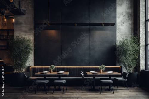 an modern interior restaurant full of grey furniture and black tables