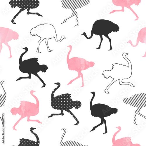 Seamless trendy pattern with ostrich silhouettes