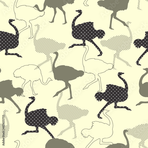 Seamless ostrich pattern. Vector background with birds silhouettes