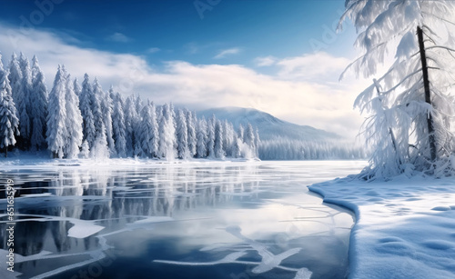 Snowy landscape with cracked ice on frozen lake and pine hills. AI generated.