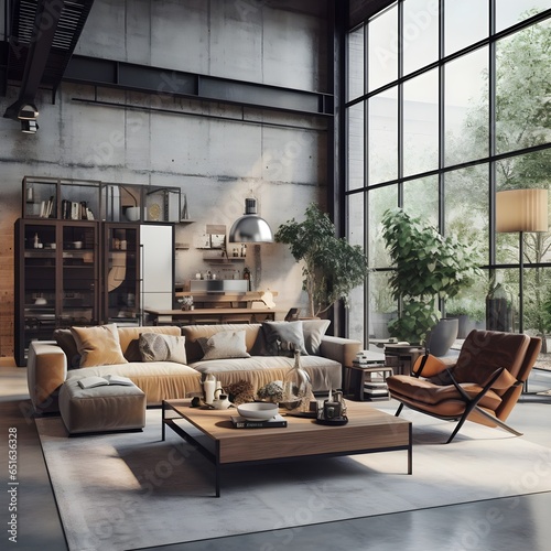 Industrial, mid-century style home interior design of modern living room. Generate AI © Muzikitooo