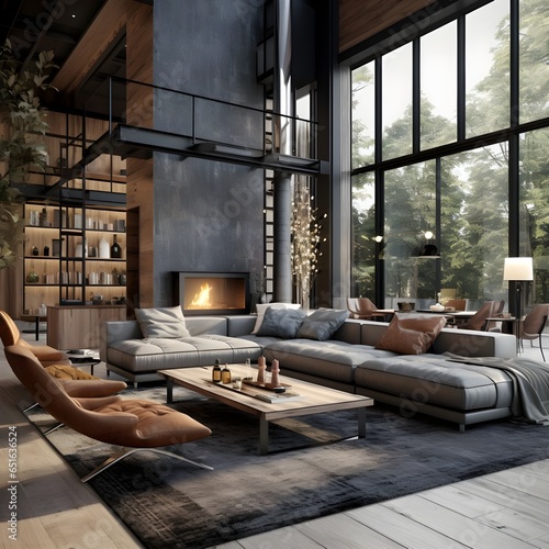 Industrial, mid-century style home interior design of modern living room. Generate AI