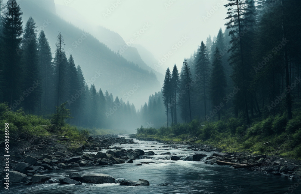 Fototapeta premium Mountain river and foggy morning in Alps. Forest landscape