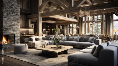Scandinavian Ski Lodge Lounge Inspired by ski lodge aesthetics with wooden beams, a stone fireplace, and plush seating for après-ski relaxation © Textures & Patterns