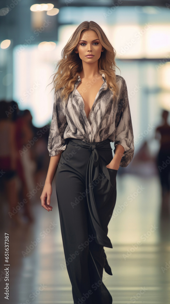 A beautiful young woman top model at fashion week show walking on runway. Generative Ai. A beautiful young woman top model at fashion week show walking on runway. Generative Ai.
