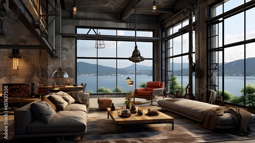 Industrial style home interior design of modern living room with grey sofa. Generate AI