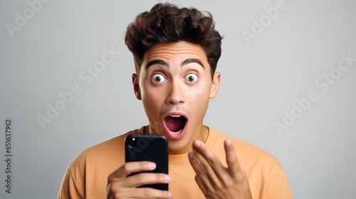 handsome man exited surprise face expression . Male feels shocked. exciting smile and happy adorable rejoices. Very enjoy and fun relax time. wow, © pinkrabbit