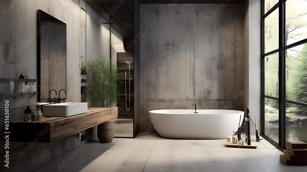 Industrial style interior design of modern bathroom with concrete wall. Generate AI
