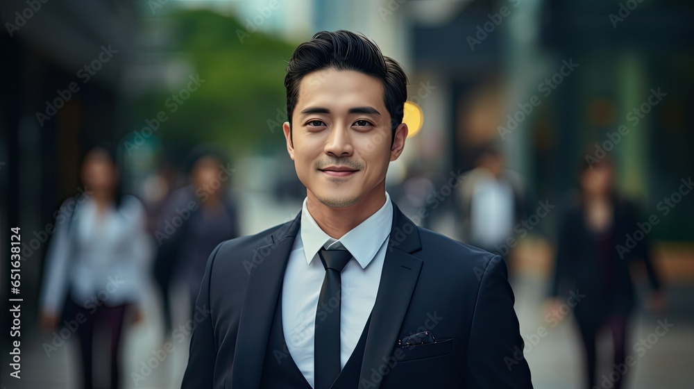 portrait of a handsome smiling white young businessman boss in a black suit walking on a city street to his company office. blurry street background, confident portrait of a handsome smiling white young businessman boss in a black suit walking on a city street to his company office. blurry street background, confident