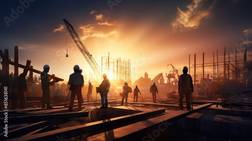 Silhouettes of Engineers and workers inspecting a project on a building site background, construction site at sunset, Generative AI