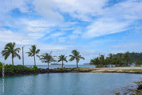 Landscape view to tropical island Bora Bora  South Pacific island northwest of Tahiti in French Polynesia