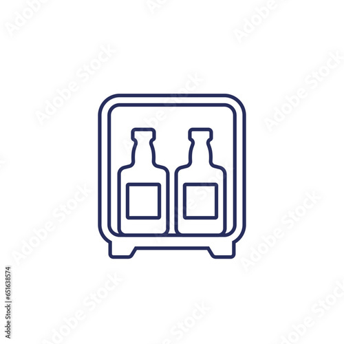 minibar line icon, mini fridge with whiskey bottles