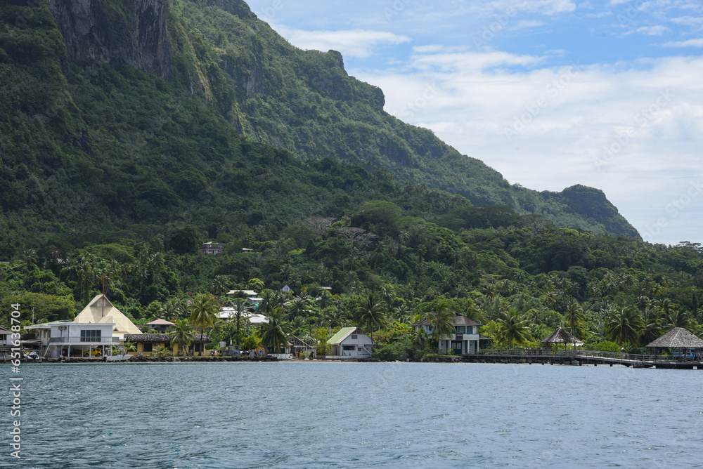 Landscape view to island of Bora Bora, South Pacific island northwest of Tahiti in French Polynesia Landscape view to island of Bora Bora, South Pacific island northwest of Tahiti in French Polynesia